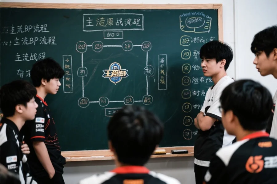 战术黑板上展示王者荣耀BP流程与主流战术布局,队员们讨论对策的画面
