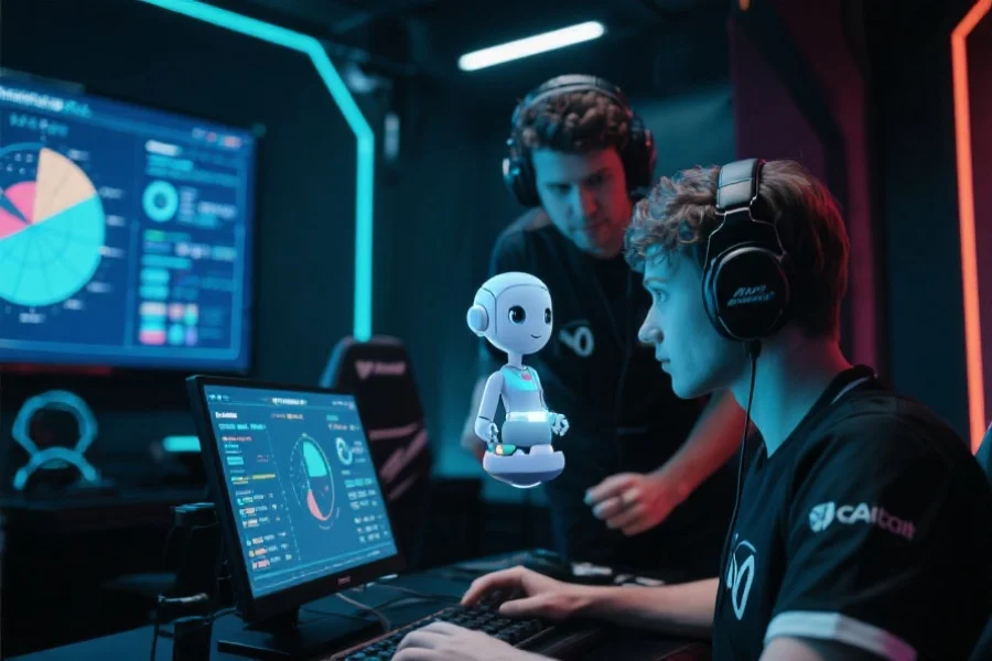 电竞选手与AI虚拟助手共同分析战术数据，在高科技环境中提升表现